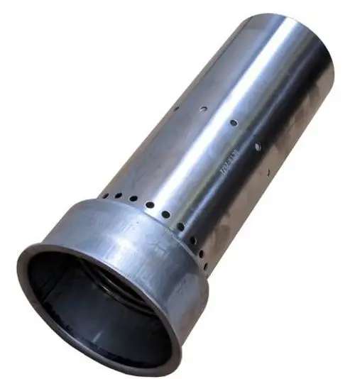 Ein silbernes Brennerrohr von Bosch mit einer zylindrischen Form, perforiert mit mehreren Löchern und einem gewölbten Ende für Anschlussmöglichkeiten.